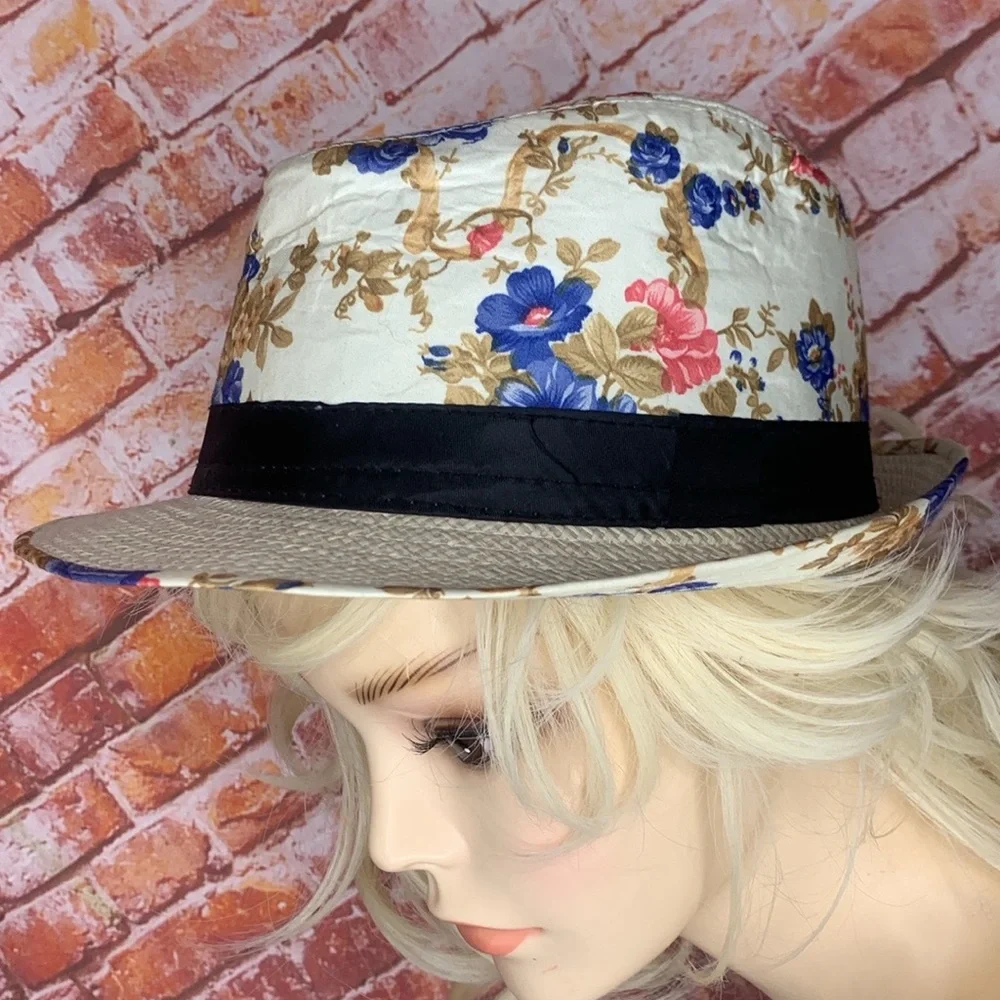Cream Floral Retro Straw Brim Fedora Hat